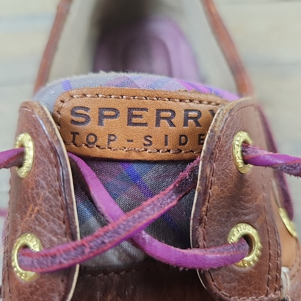 Sperry Topsider Brown Leather purple plaid Women's Boat Deck Shoes - Picture 8 of 14
